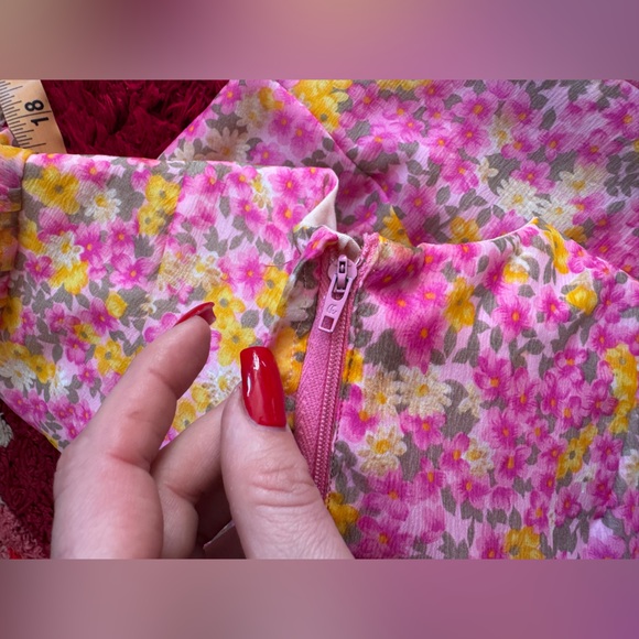 70s Vintage Pink Floral Chiffon Mini Dress XS - Picture 7 of 9